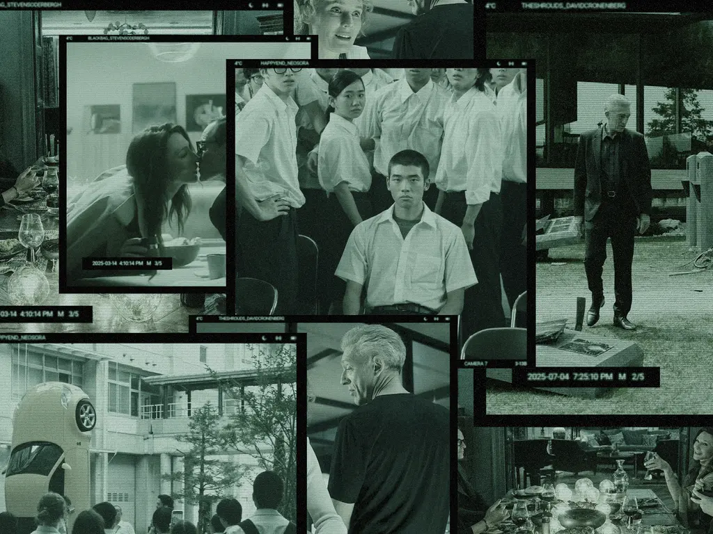 Black and white film strip collage showing multiple overlapping photographs of people, buildings, and street scenes with visible film sprocket holes and frame borders.
