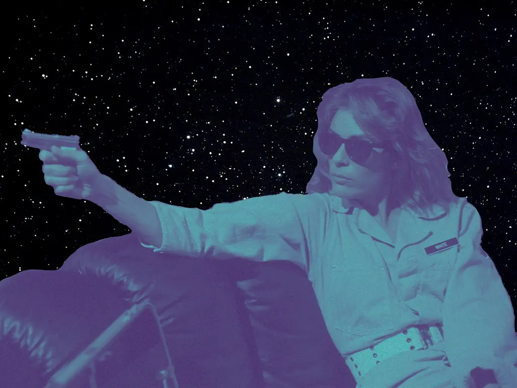 Astronaut in purple and turquoise tones holding object with outstretched arm against black starry background.