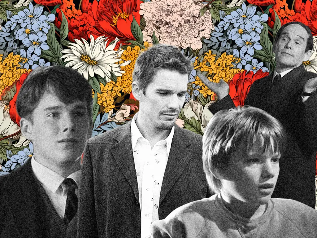 Black and white portraits of four men arranged against vibrant floral background with red, blue, yellow, and pink blooms and green foliage.
